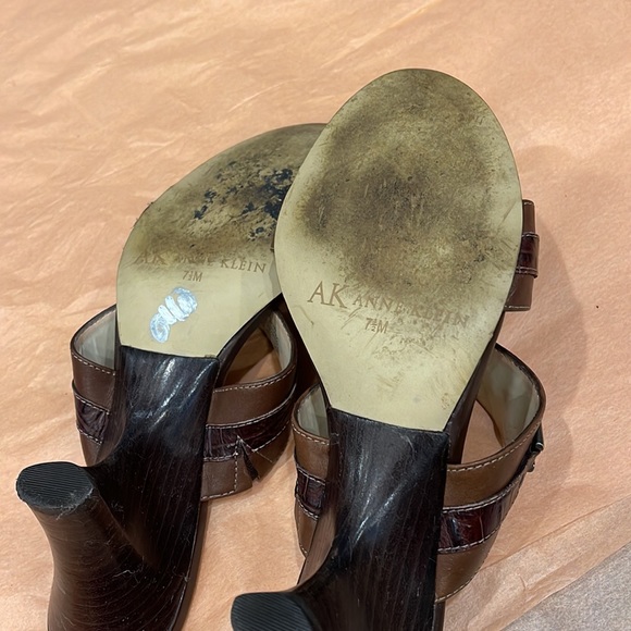 Anne Klein Brown High-Heeled Sandals | Slip-On Leather Kitty Heel - Picture 6 of 6